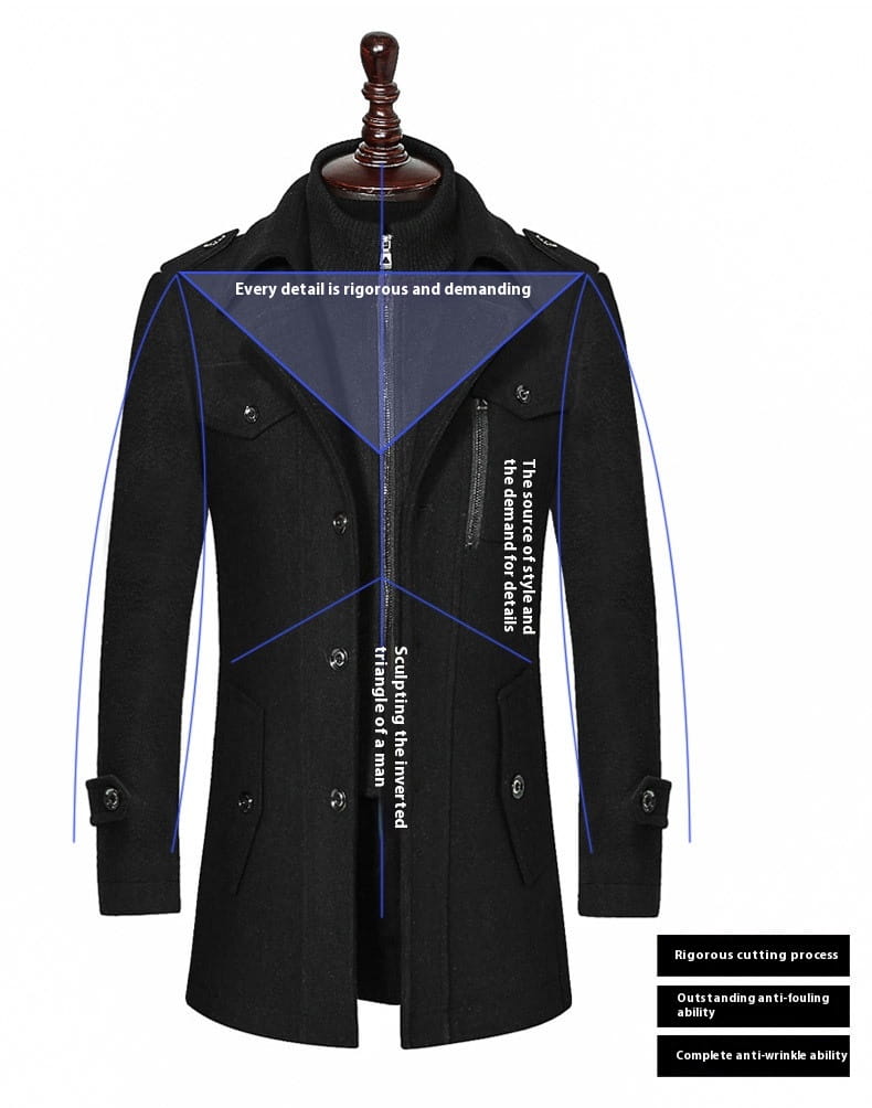 Black woolen men’s double-breasted overcoat with structured shoulders and buttoned cuffs suitable for formal wear.