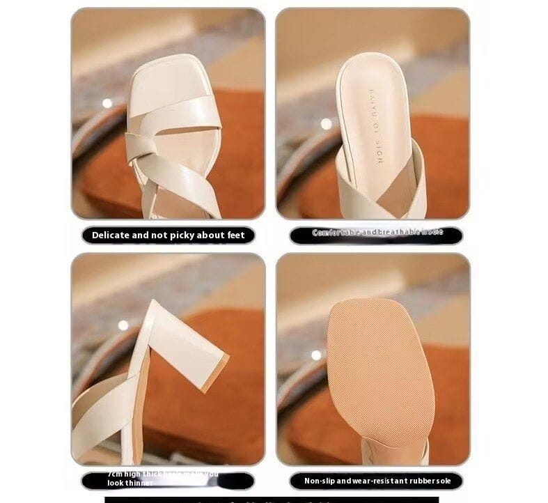 White satin strap mules with 7cm block heel and non-slip rubber sole in chunky heel open toe crisscross strap sandals style