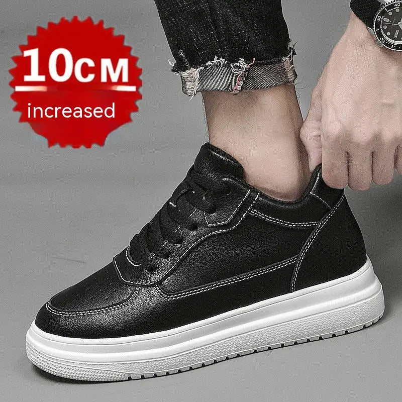 Schwarze Ledermännersneaker im High-Top-Stil mit weißer Gummisohle und kontrastierenden Nähten, entworfen für Plattform-Laufschuhe.