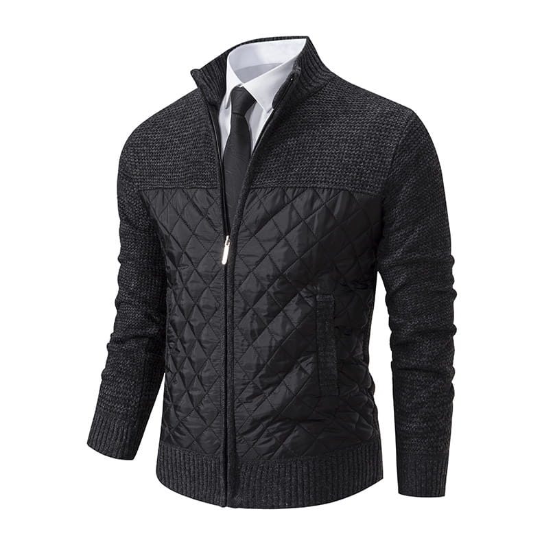 Cardigan matelassé noir pour homme, avec col montant et col ainsi que poignets côtelés texturés