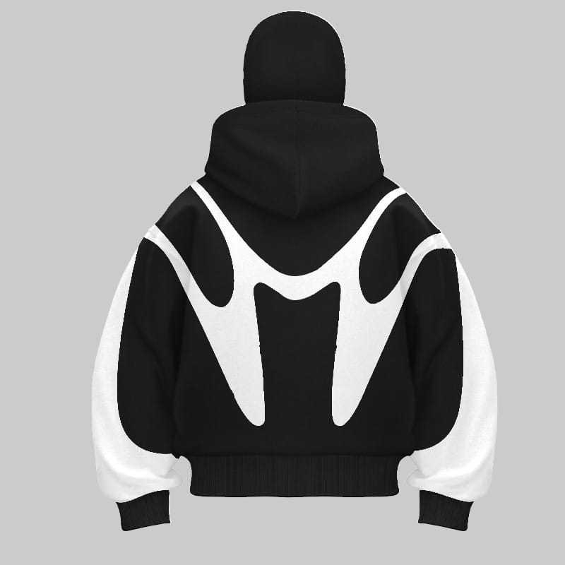 Veste zippée à capuche cagoule à graphisme de flamme noir et blanc, avec un design abstrait blanc audacieux sur le côté arrière.