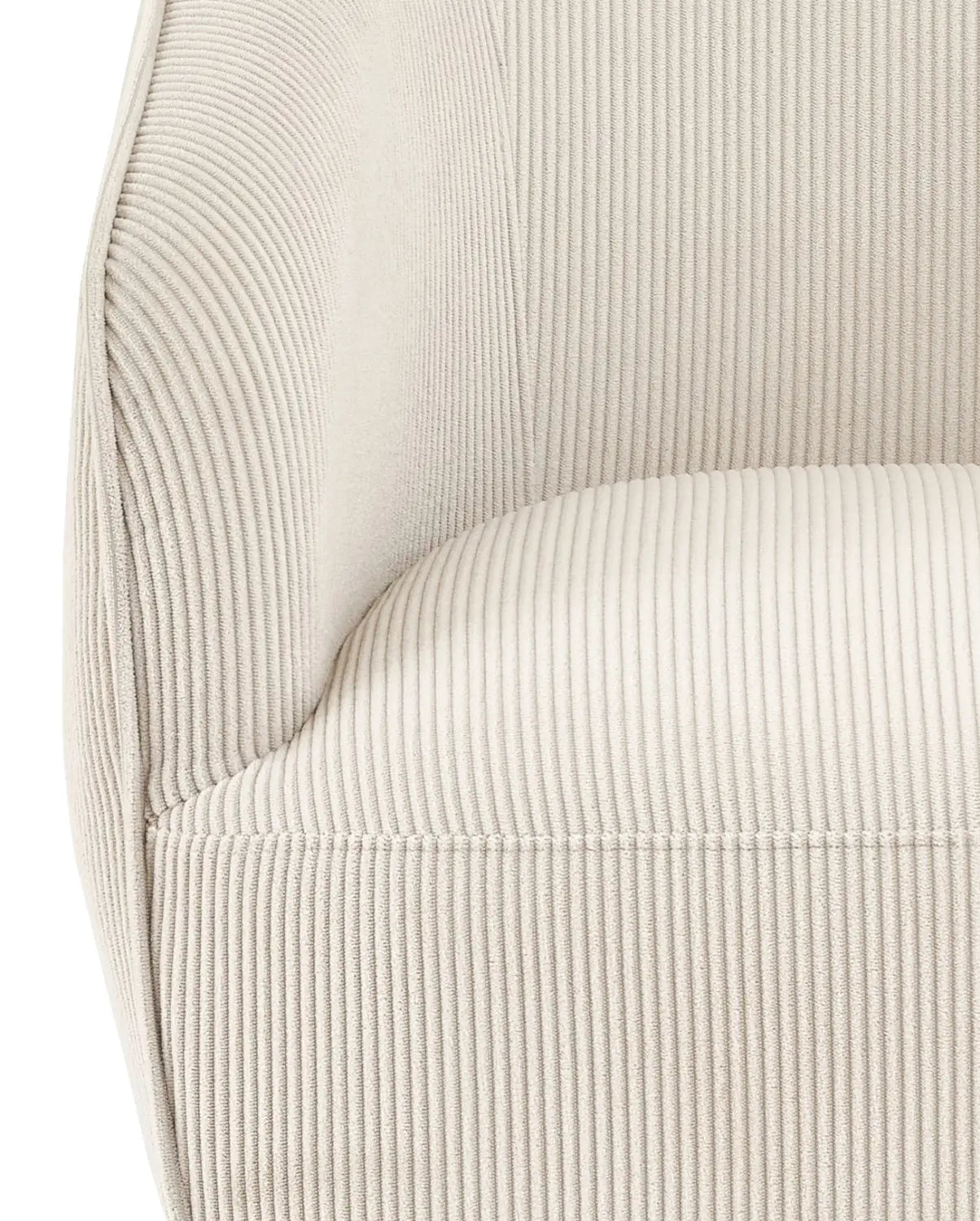 Cream-colored corduroy accent chair with soft ribbed texture, clean stitching, and gold legs in beige.