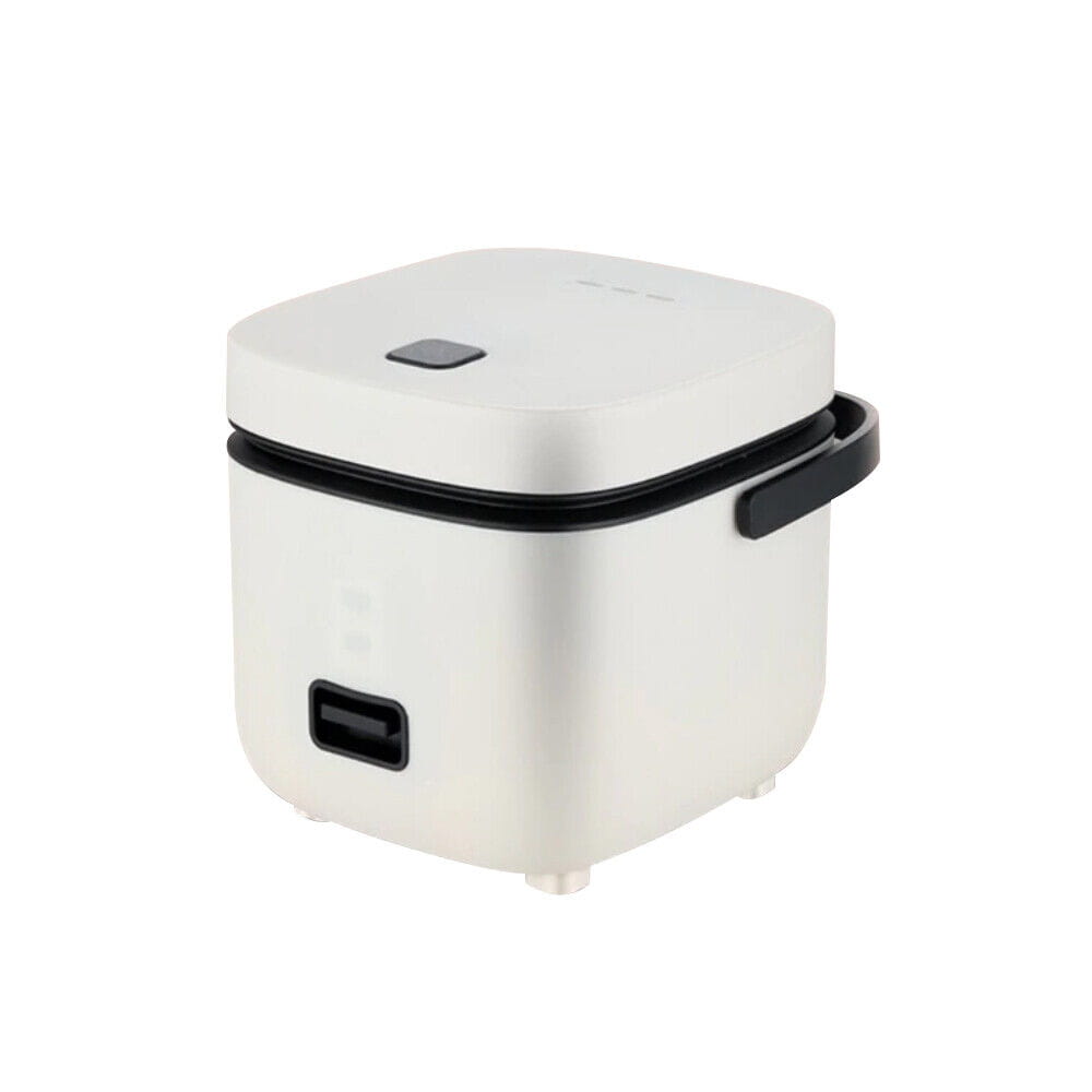 White electric rice cooker with black accents and handle featuring a 1.2 liter capacity and nonstick liner for steaming and cooking rice.