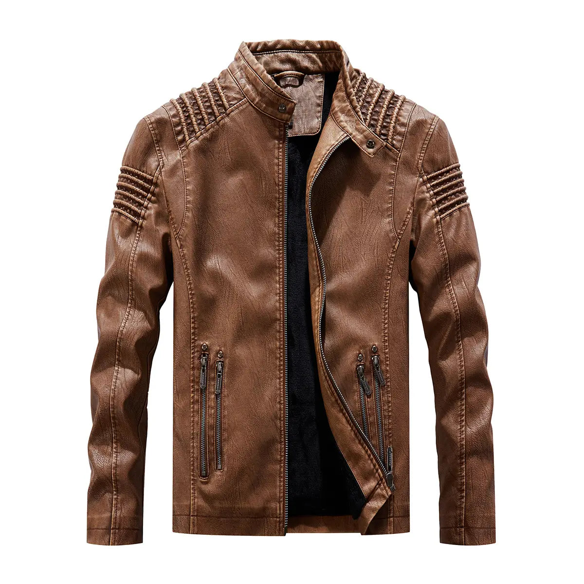 Brown faux leather moto jacket with ribbed detail featuring textured shoulder panels and zippered side pockets.