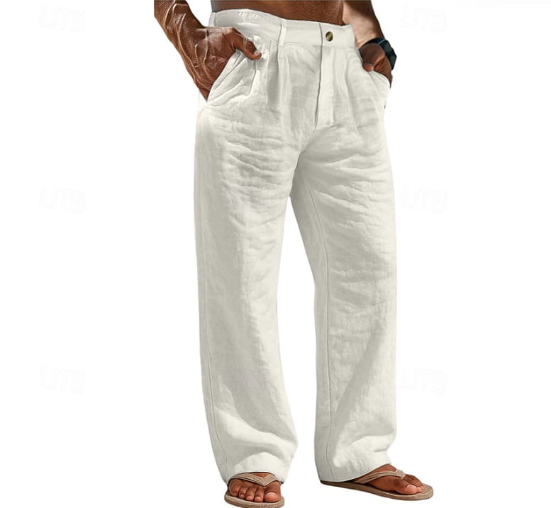 Pantalones de lino de algodón color blanco para hombre, con ajuste relajado, corte de pierna recta y parte delantera plisada.