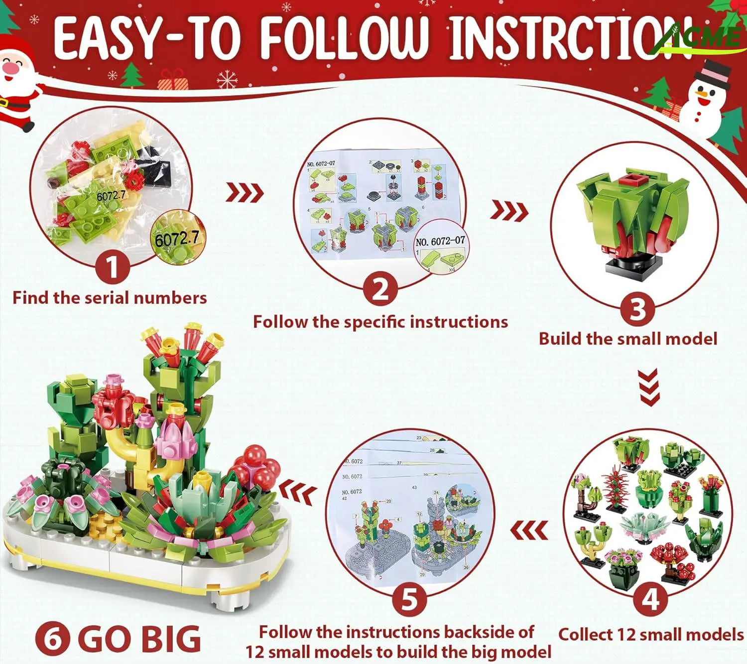 Un ensemble de briques de construction de calendrier de l’Avent en forme de bouquet de fleurs festif et coloré, de style LEGO, présentant de petites cactées et plantes grasses en plastique, de couleur verte, rouge, rose et jaune.
