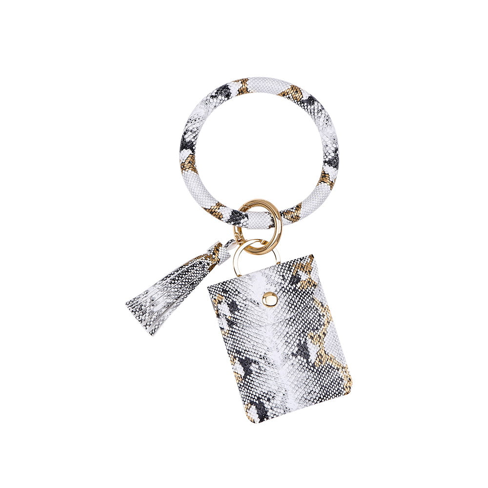 Porte-cartes avec mousqueton de poignet en cuir à imprimé serpent, avec anneau circulaire, gland et pochette rectangulaire.