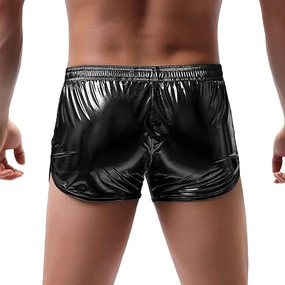 Mens shiny metallic casual shorts in black with a sleek, form-fitting design and shiny metallic material.