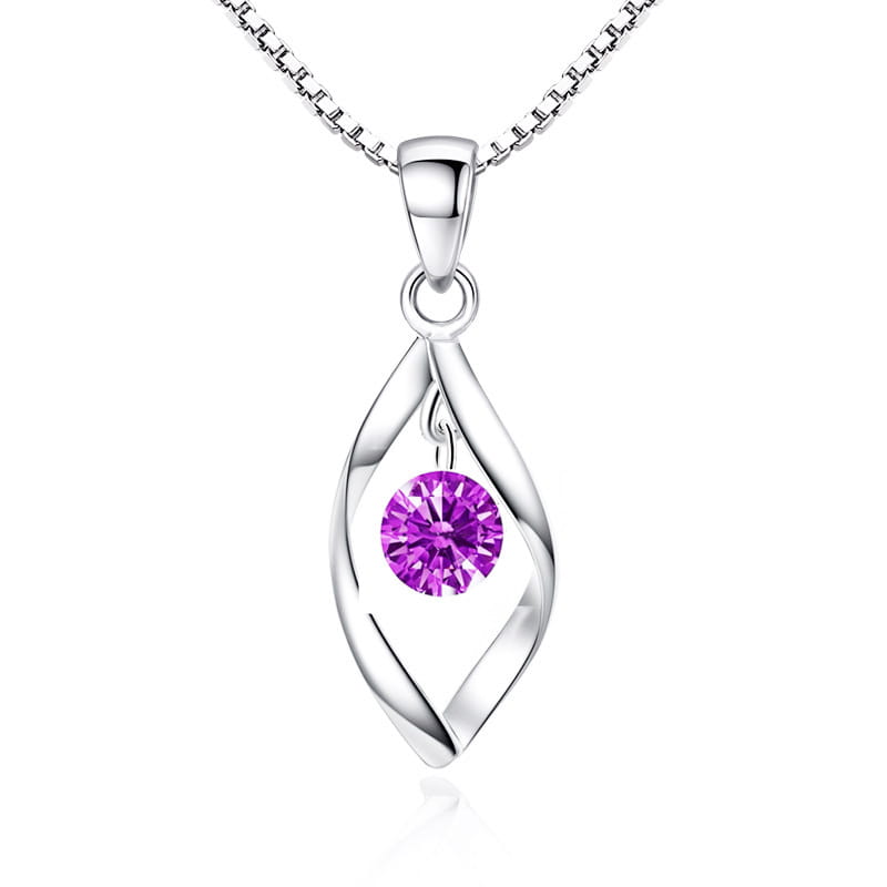 Elegant zircon twist teardrop pendant necklace featuring a silver teardrop-shaped design with a swirling pattern and a vibrant purple round gemstone at its center.