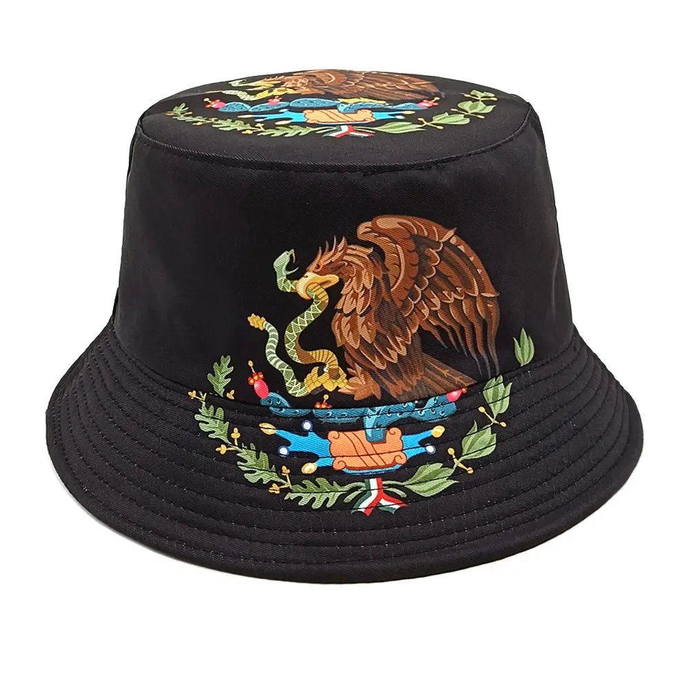 Black bucket hat featuring intricate embroidered design of the Mexican national emblem with a brown eagle clutching a green snake atop a cactus surrounded by colorful floral and laurel wreaths for sun protection.