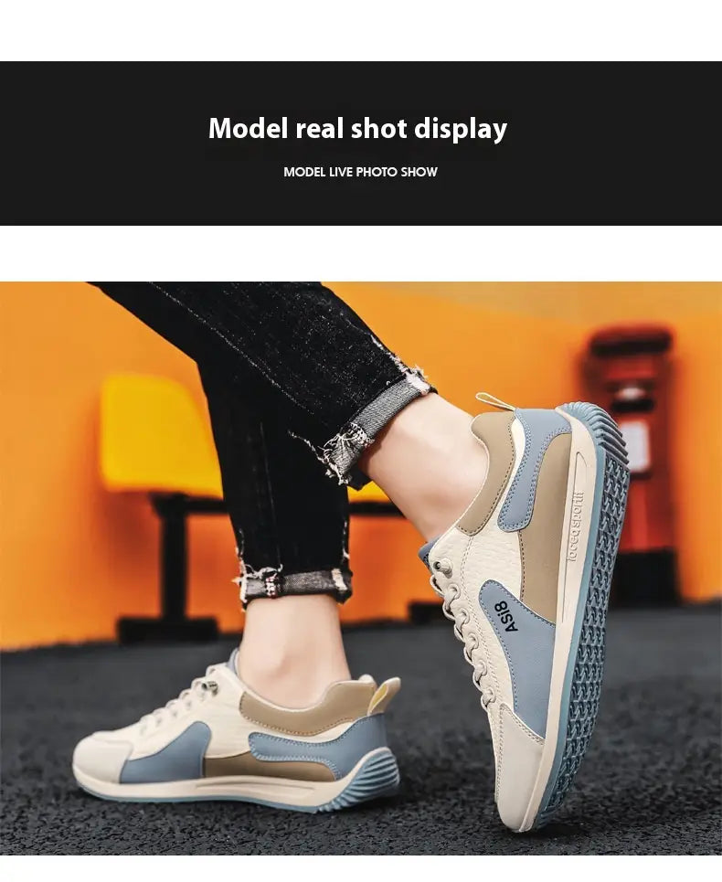 Beige and light blue men’s casual sports sneakers with non-slip microfiber material and a textured rubber sole.