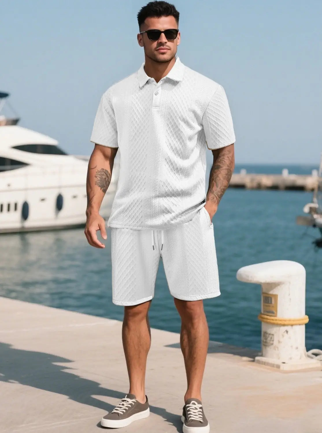 men textured short sleeve polo suit featuring a white textured polo shirt and matching shorts set for casual wear