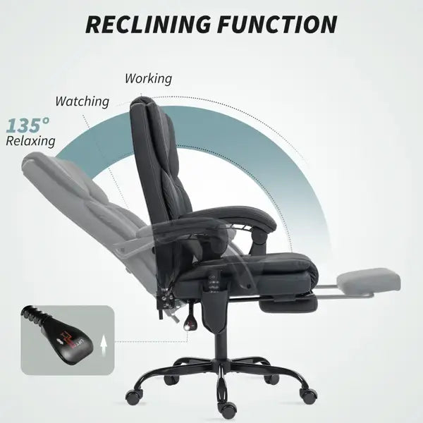 Black reclining massage office chair with high back, adjustable lumbar support, padded armrests, footrest, and wheels for mobility.