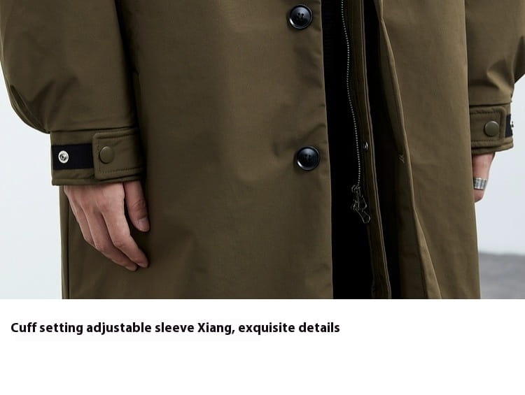 Men hooded trench coat in olive green with black buttons and adjustable cuffs designed as a false two piece winter jacket.