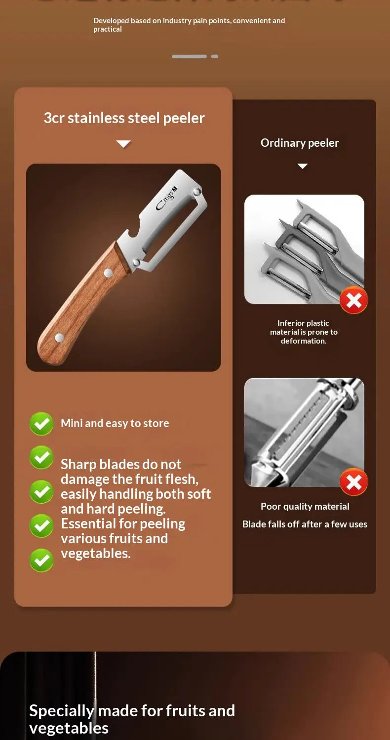 A stainless steel vegetable peeler with wood handle 2pc featuring sharp 3cr stainless steel blades, a wooden handle, and designed for easy storage and efficient fruit and vegetable peeling.