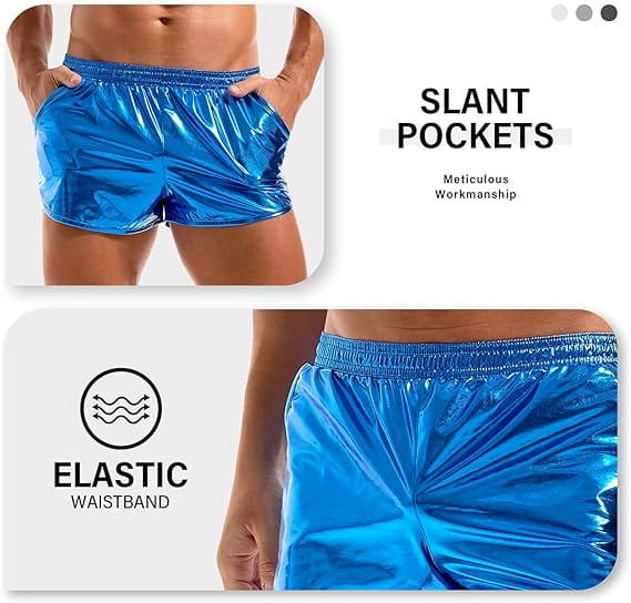 Mens shiny metallic casual shorts in blue with a metallic finish, slant pockets, and an elastic waistband.