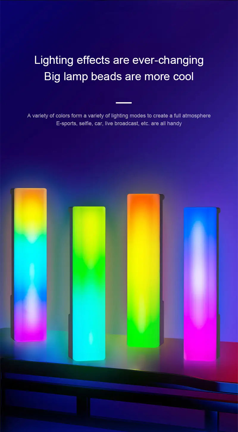 RGB-Rhythmus-Lichtleiste mit sprachaktivierter Gaming-Lampe mit vier vertikalen LED-Lichtleisten, die lebendige Regenbogenverläufe mit dynamischen Lichteffekten darstellen.