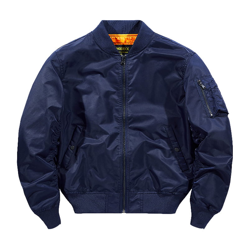Men’s retro loose flight bomber jacket in navy blue with shiny nylon finish and orange lining designed for workwear.