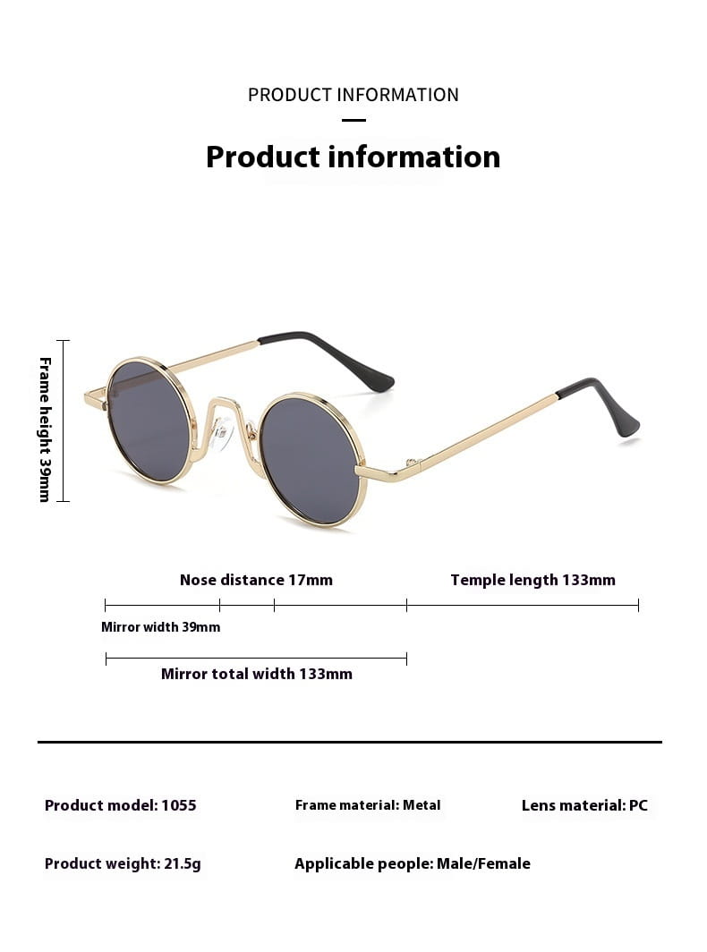Gold-toned metal-framed retro round hip hop sunglasses with dark gray mirrored lenses.