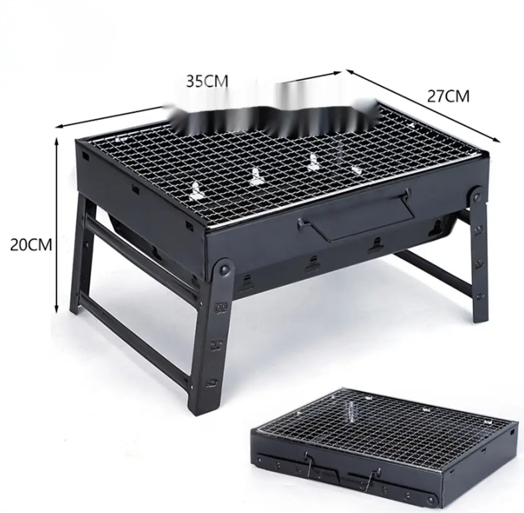 Black foldable charcoal grill with mesh cooking surface and sturdy metal legs included in the charcoal grill with 30 stainless steel skewers set.