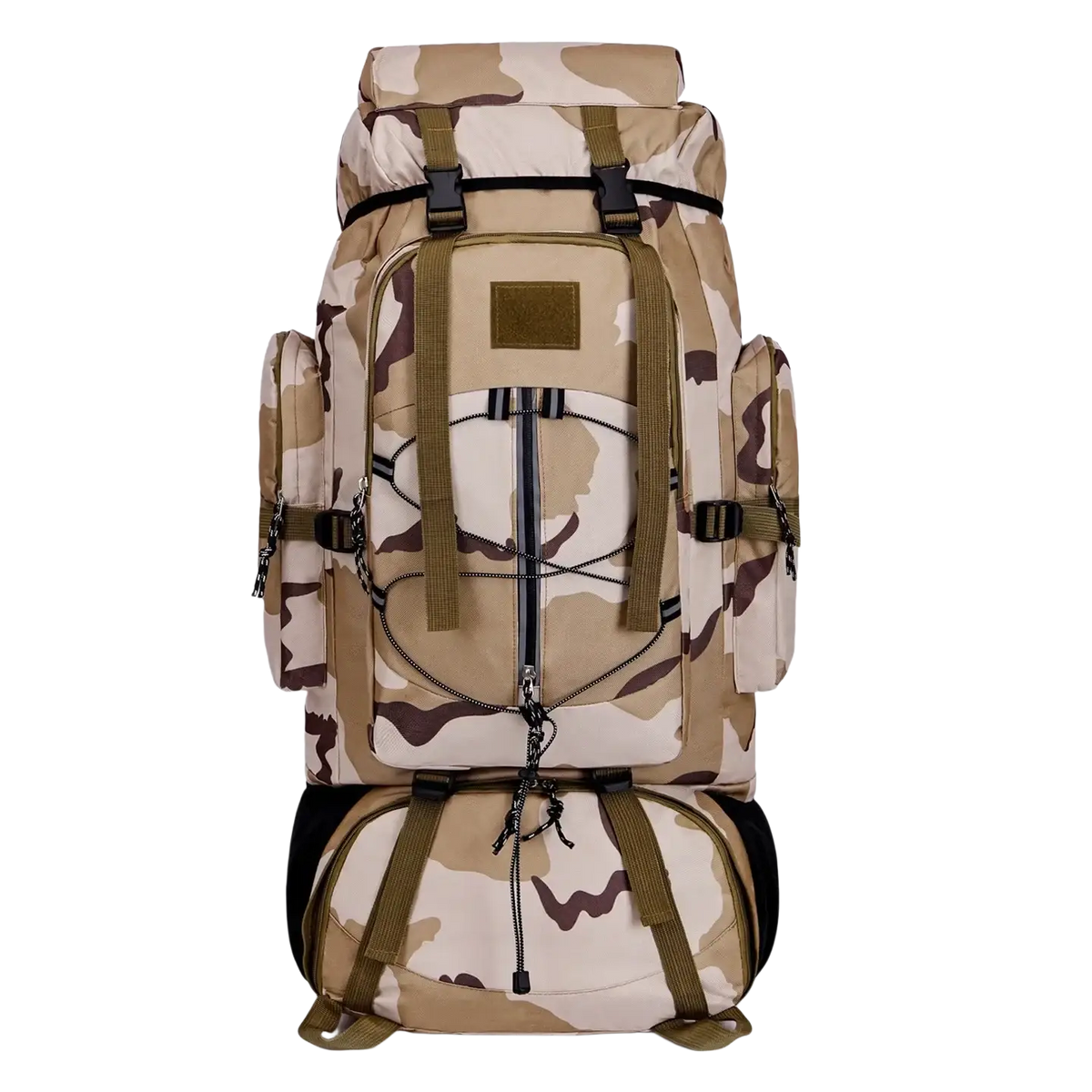 Beige and brown camouflage 85l waterproof hiking backpack with multiple compartments and adjustable straps for camping