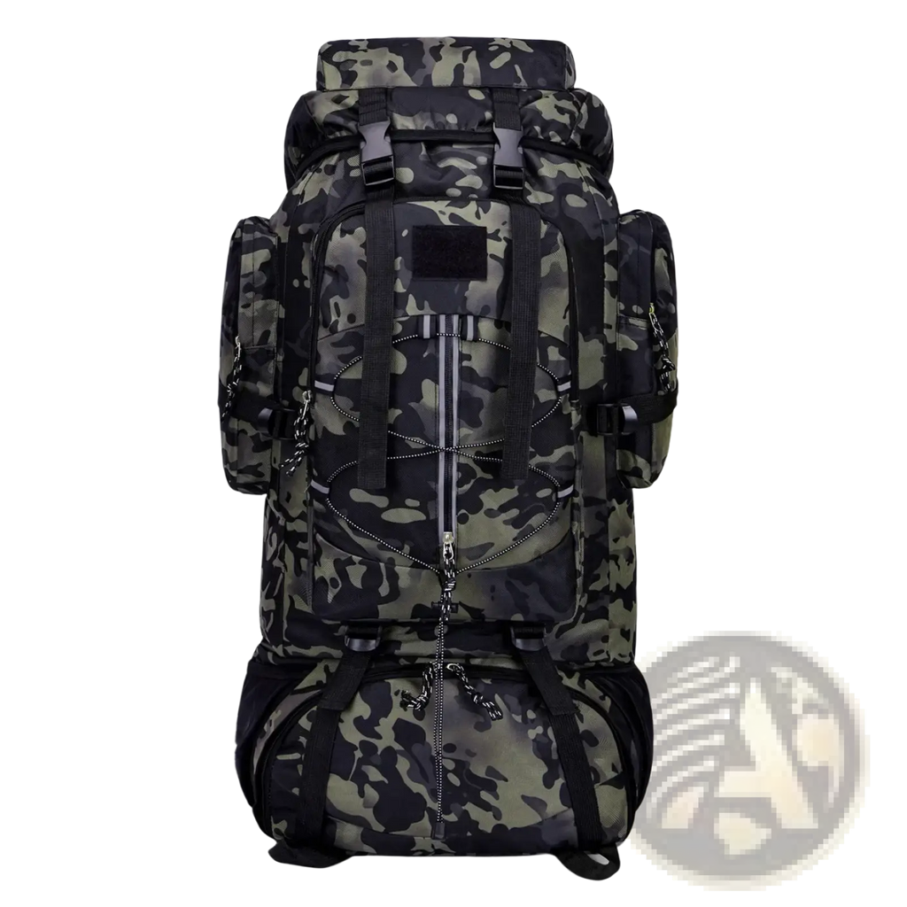 Black and olive green camouflage 85l waterproof hiking backpack with reinforced straps and multiple zippered compartments