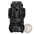 Black and olive green camouflage 85l waterproof hiking backpack with reinforced straps and multiple zippered compartments