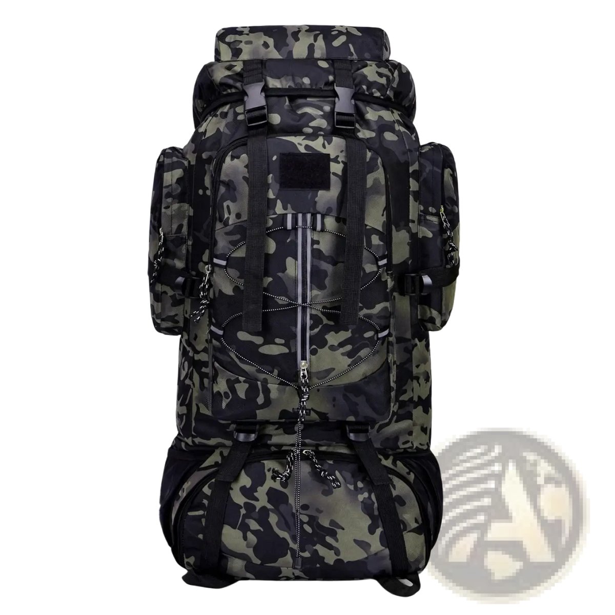 Black and olive green camouflage 85l waterproof hiking backpack with reinforced straps and multiple zippered compartments