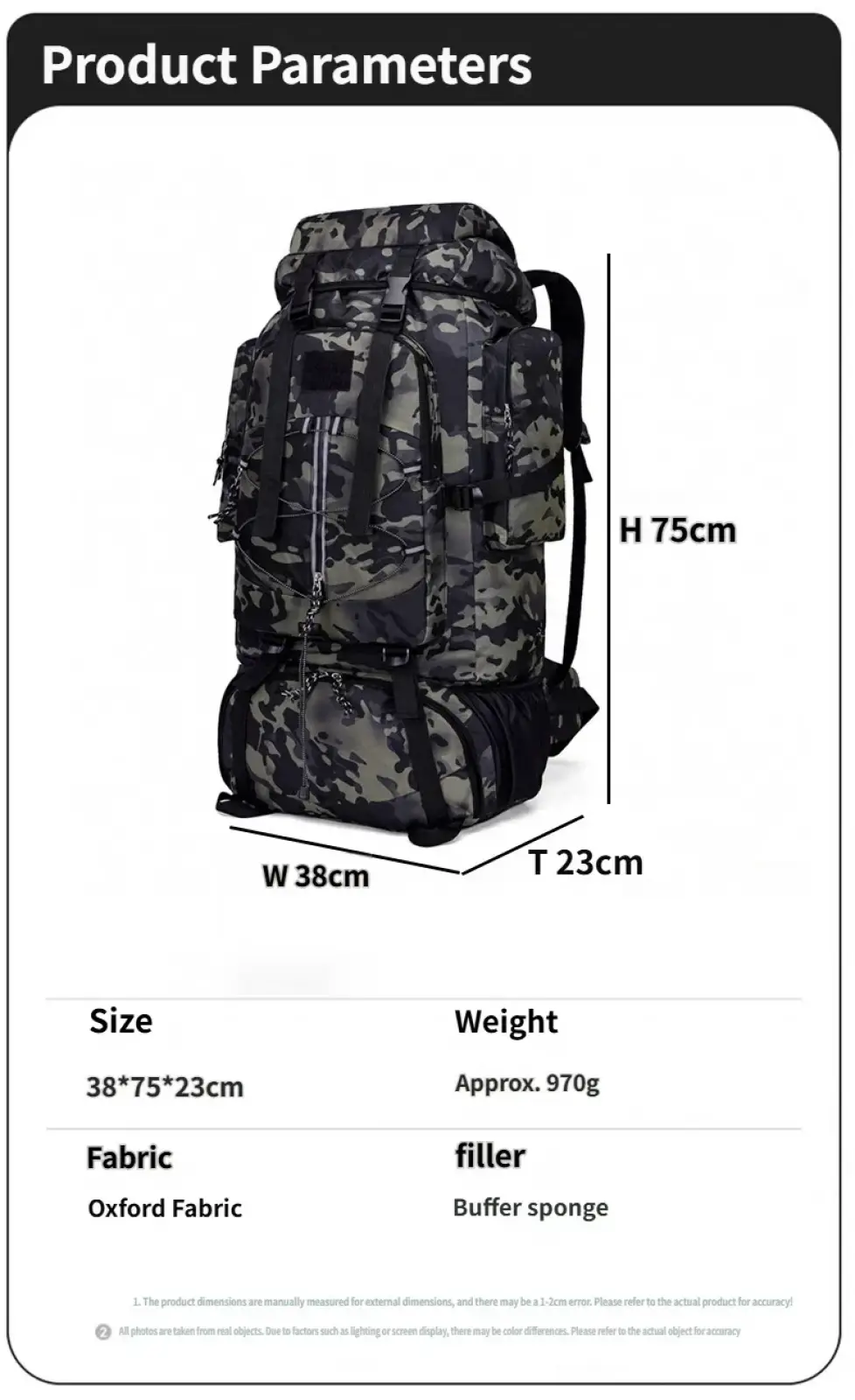 Black and gray camouflage 85l waterproof hiking backpack made of oxford fabric with buffer sponge filler for camping