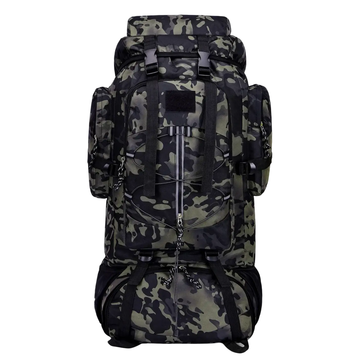 Black and olive green camouflage 85l waterproof hiking backpack with reinforced straps and multiple zippered compartments