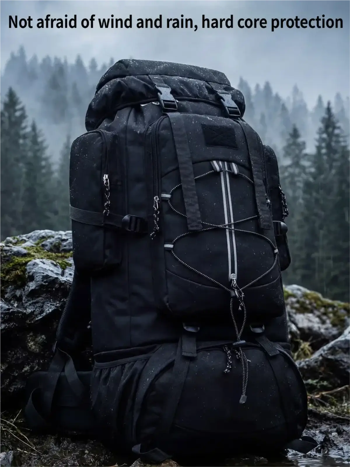 Black 85l waterproof hiking backpack with reinforced stitching and multiple zippered compartments for camping use