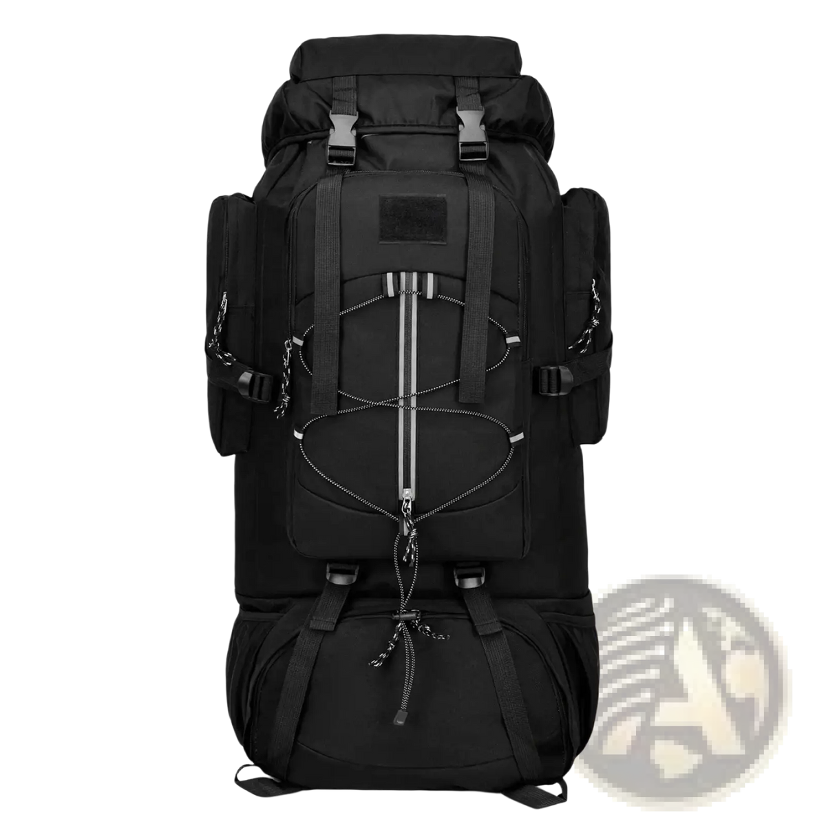 Black 85l waterproof hiking backpack with reinforced straps and reflective detailing for large camping use