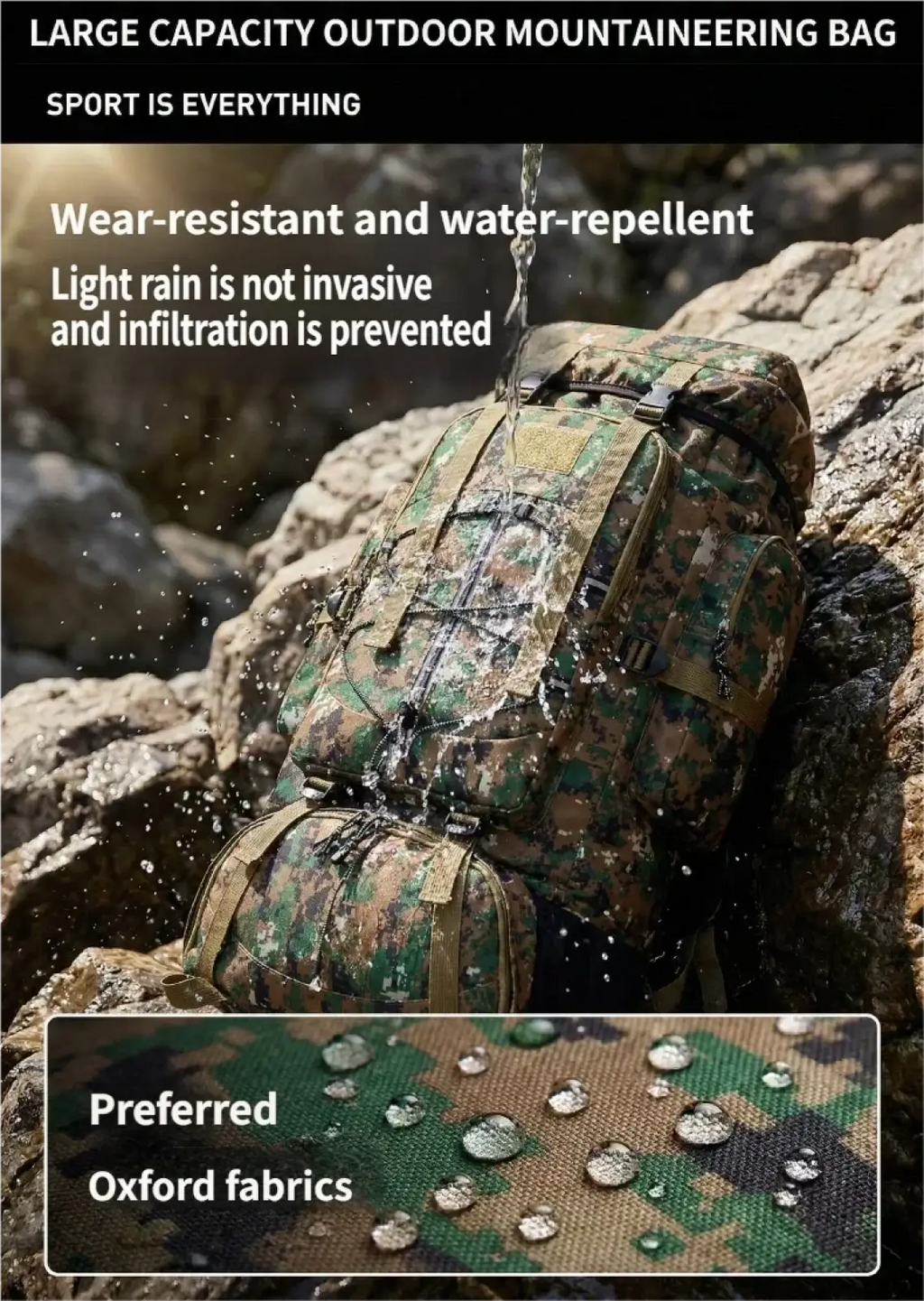 Camouflage 85l waterproof hiking backpack made of wear-resistant oxford fabric for durable outdoor mountaineering use