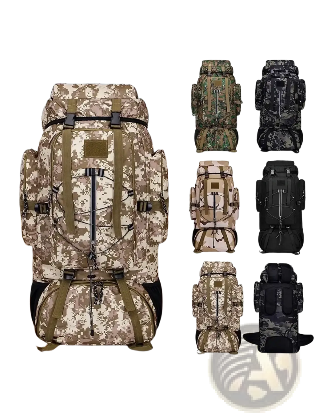 85l waterproof hiking backpack in camouflage with olive green straps and black buckles available in multiple colorways
