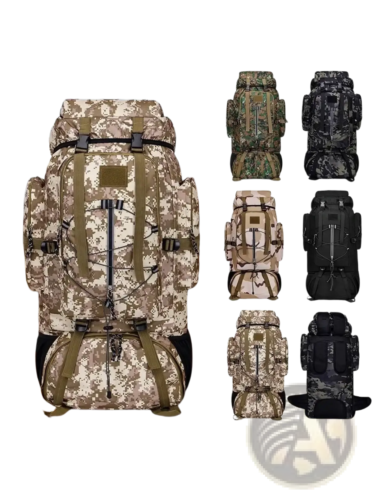 85l waterproof hiking backpack in camouflage with olive green straps and black buckles available in multiple colorways