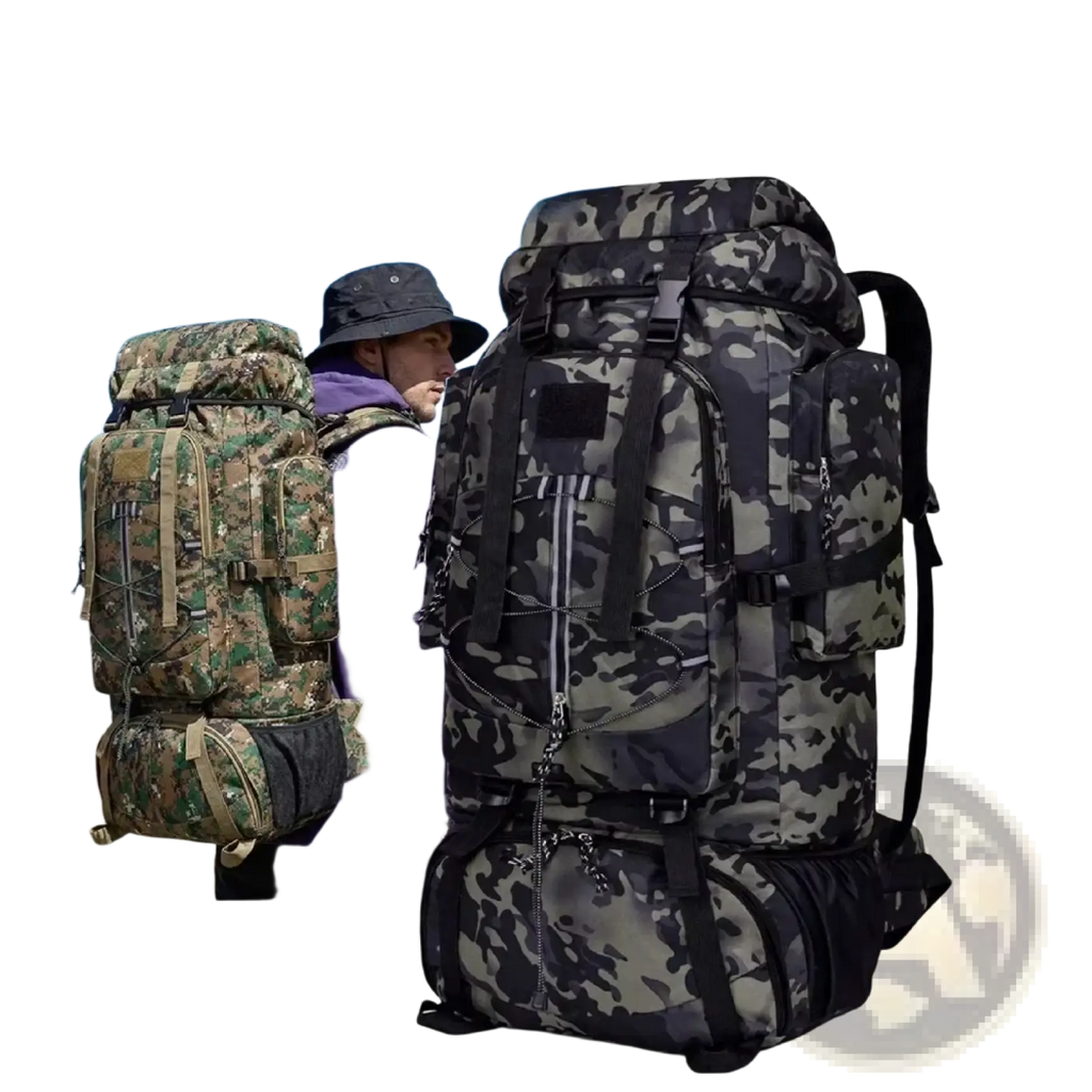 Camouflage pattern 85l waterproof hiking backpack with black straps and zippers for mountain climbing and travel