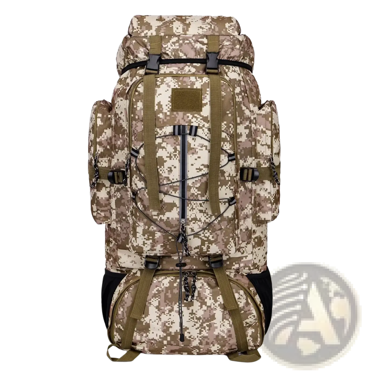 Rugged desert camouflage 85l waterproof hiking backpack with olive green straps black accents and multiple compartments