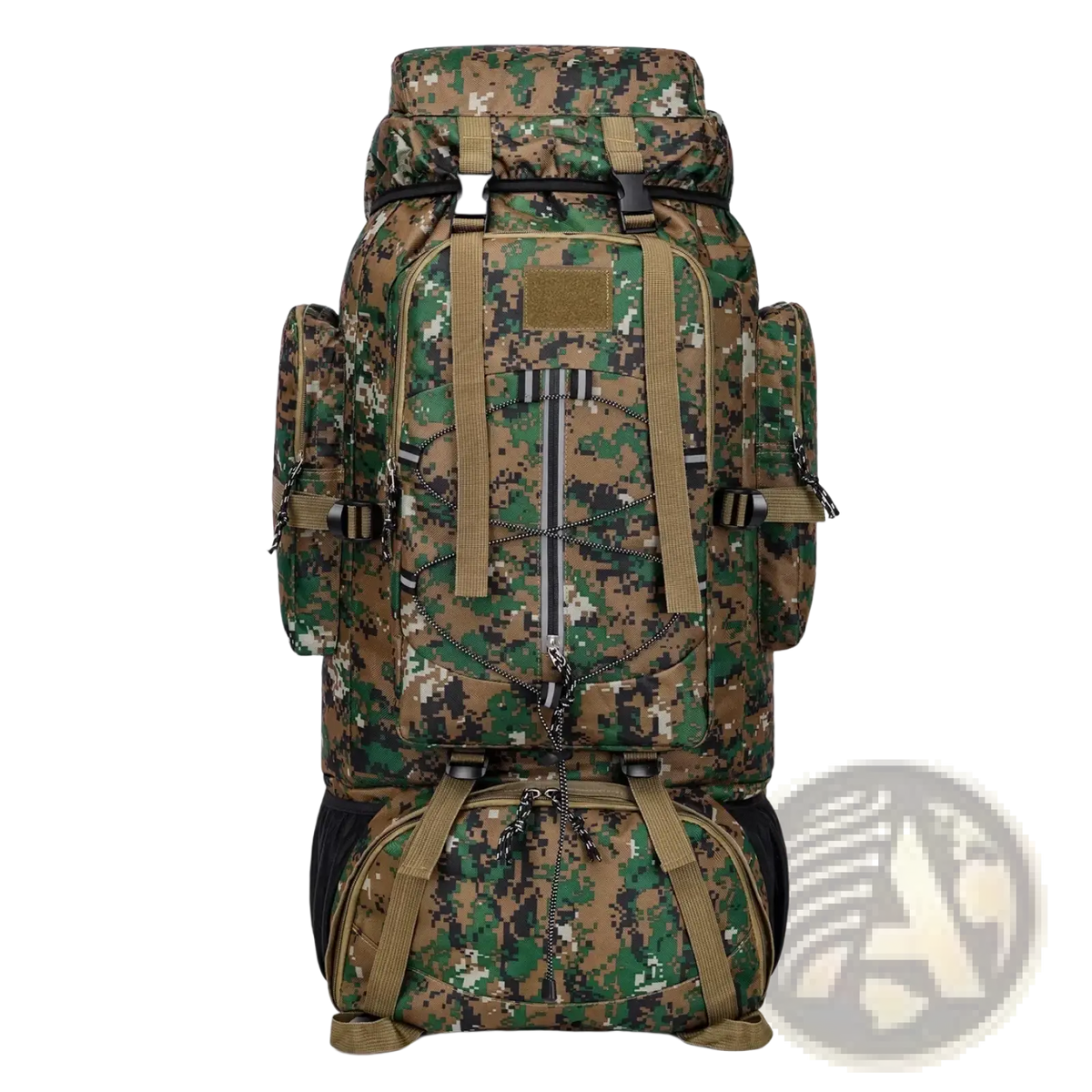 A rugged 85l waterproof digital camouflage hiking backpack with tan and black straps designed for camping use