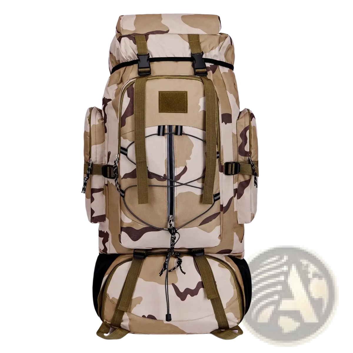 Beige and brown camouflage 85l waterproof hiking backpack with multiple compartments and adjustable straps for camping