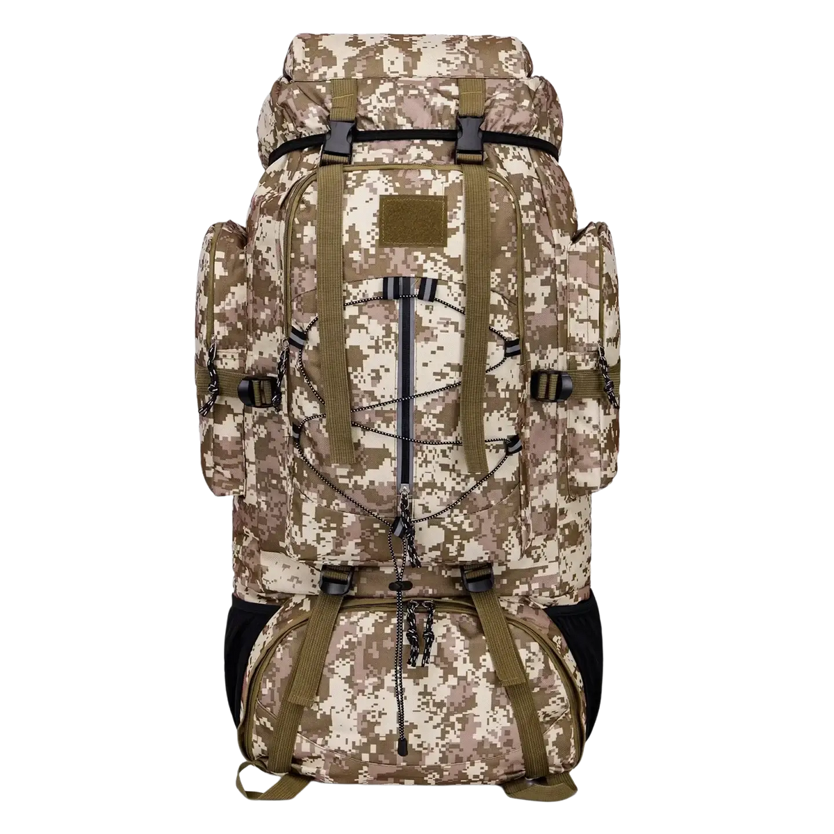 Rugged desert camouflage 85l waterproof hiking backpack with olive green straps black accents and multiple compartments