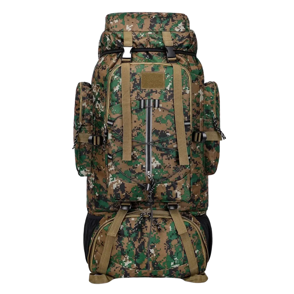 A rugged 85l waterproof digital camouflage hiking backpack with tan and black straps designed for camping use