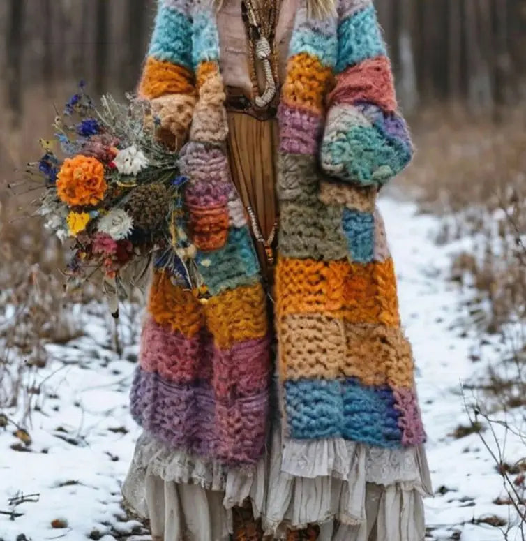 Ein lebendiger, handgestrickter Regenbogen-Kapuzenmantel aus Patchwork mit kräftigen horizontalen Streifen in Pastell- und erdigen Farbtönen.