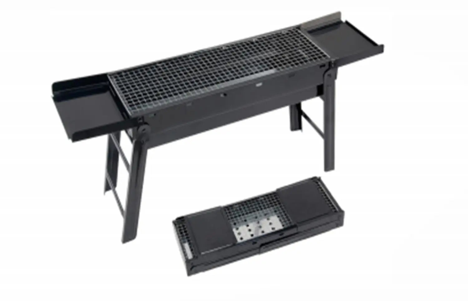 Black metal folding charcoal grill with grilling surface side trays and 30 stainless steel skewers set for outdoor cooking.