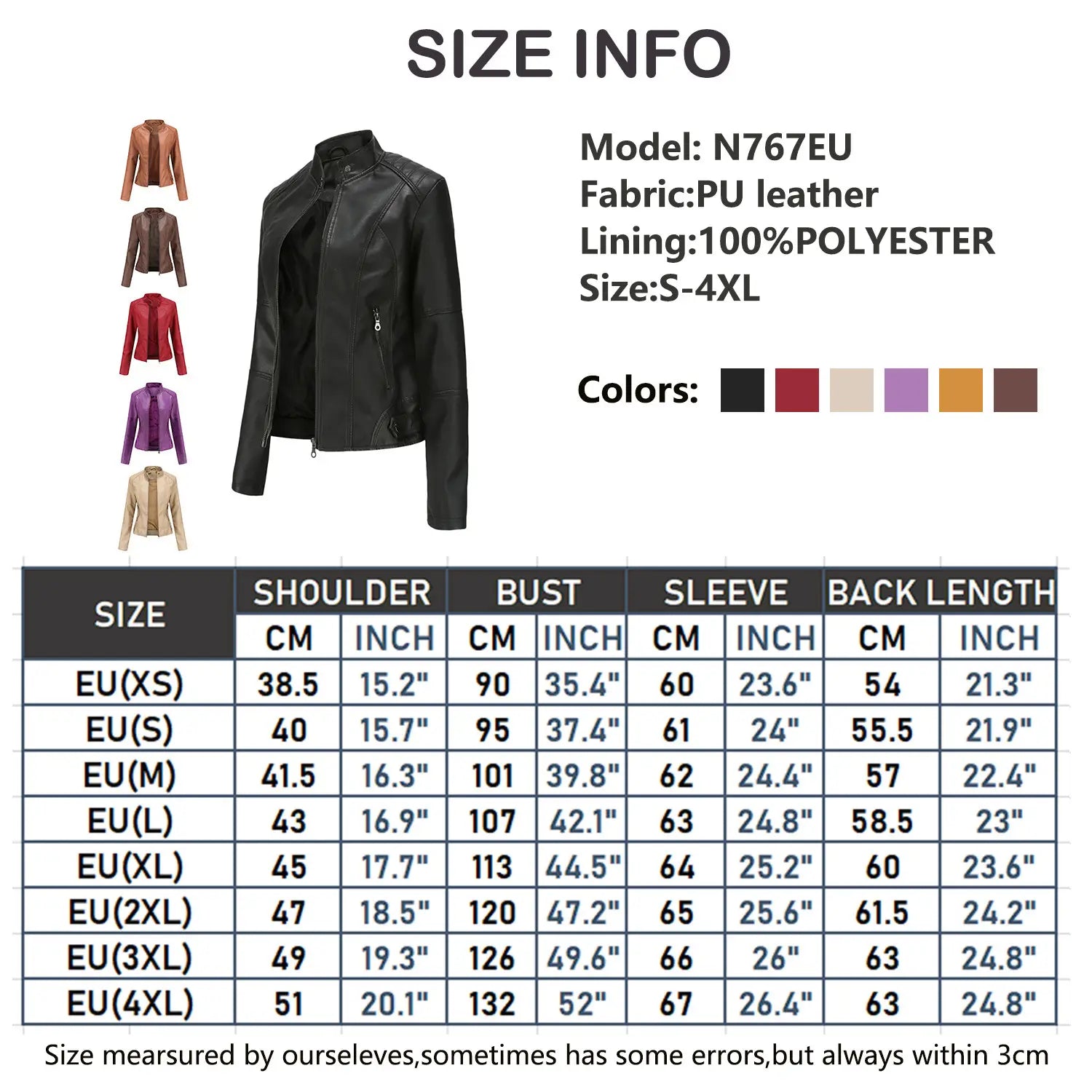 black pu leather faux leather moto jacket slim fit with high stand collar and front zipper closure