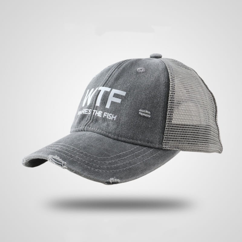 Distressed gray fishing trucker hat with white wtf and who res the fish embroidery featuring mesh baseball cap construction.