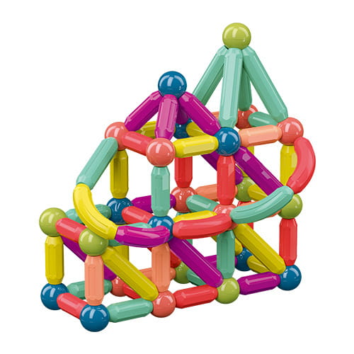 Conjunto de bloques magnéticos coloridos para niños que incluye varillas de encastre y esferas en vibrantes tonos de rosa, amarillo, verde, azul y naranja.