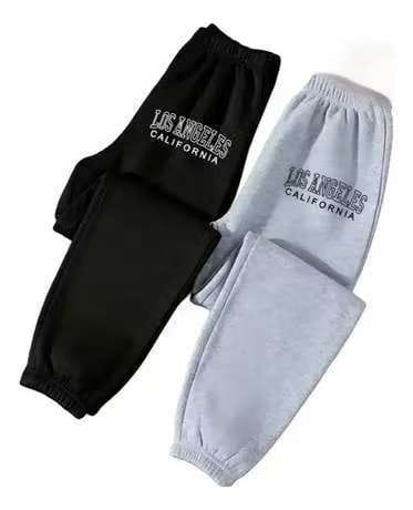 Pantalons de survêtement décontractés noir et gris clair pour un usage sportif « Los Angeles, Californie », avec lettrage blanc brodé sur la cuisse