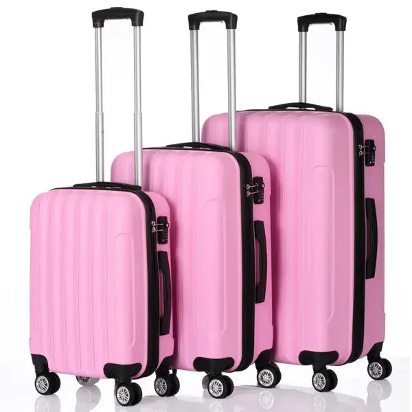 Set of three pink hard shell suitcases with black trim and wheels featuring large capacity in a 3-in-1 luggage set.