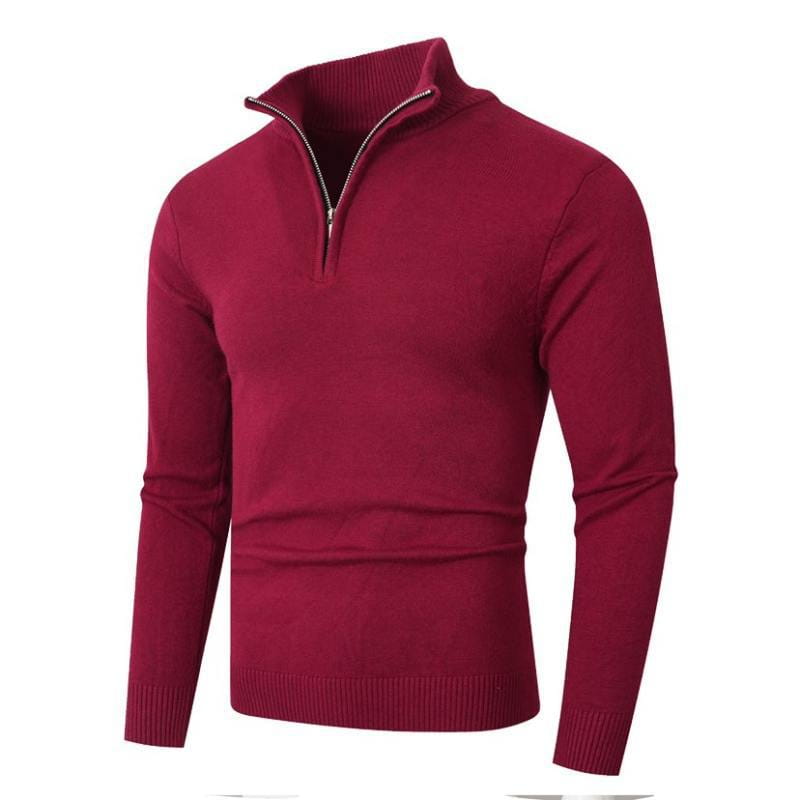 Pull en molleton pour homme, grande taille, demi-zip, en bordeaux, avec poignets et ourlet côtelés, présentant une texture tricotée élégante.