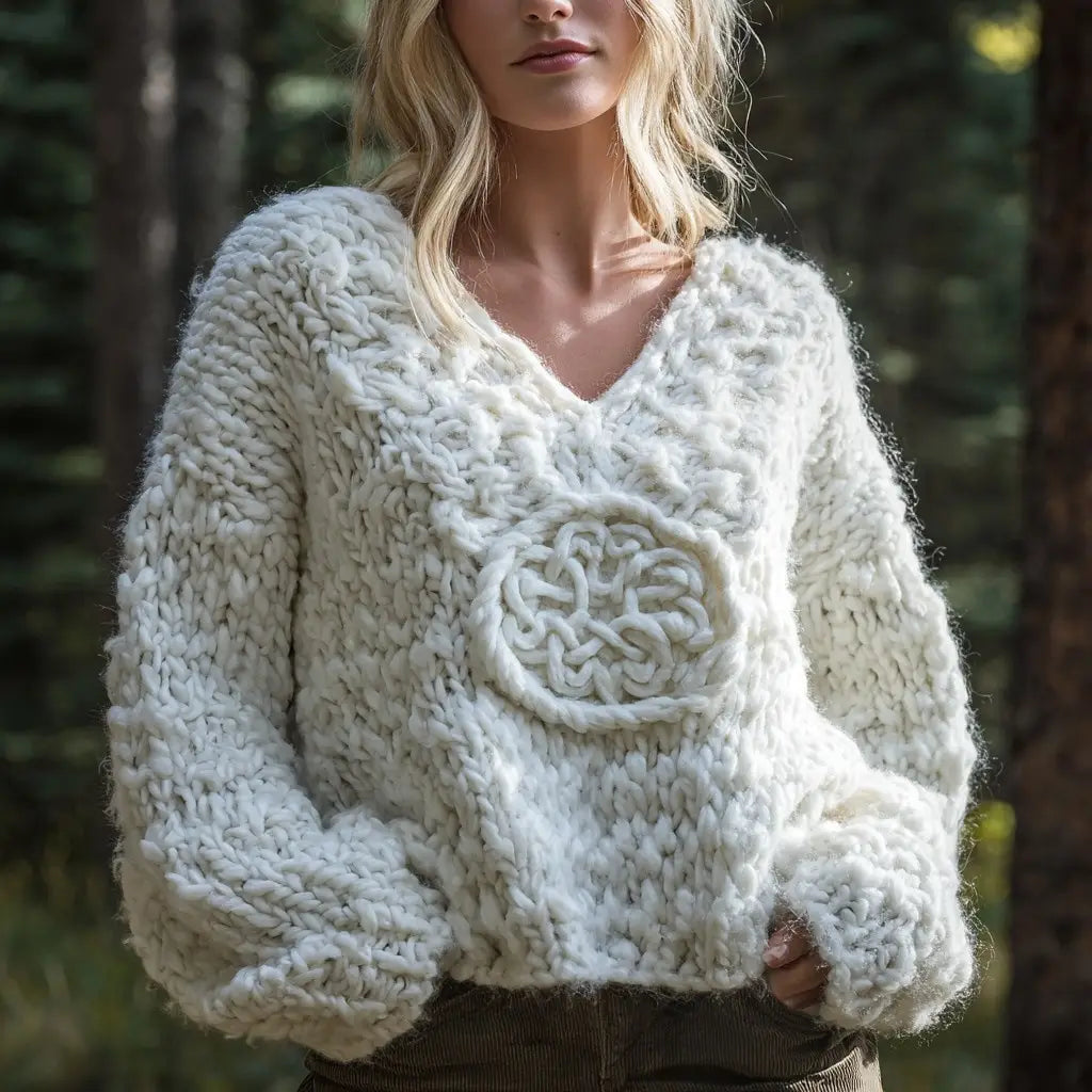 Un suéter de punto grueso acolchado color blanco roto, acogedor, con un diseño de nudo celta circular bordado en el pecho, ideal para vestir en Navidad.